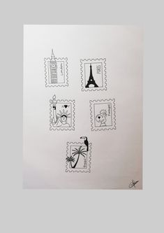 stamps with the eiffel tower and palm trees on them are drawn in black ink