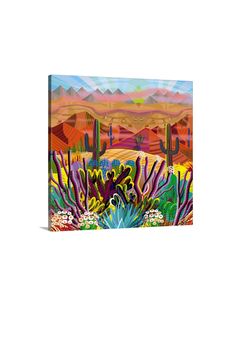 an abstract painting of cactuses and mountains in the desert, with colorful colors on them