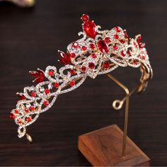 Accessories | Royal Queen Crown Headband Princess Tiara For Bride Quinceanera Headpiece Gift | Poshmark Royal Queen Crown, Quince Crown, Red And Gold Quince, Burgundy Crown, Tiara For Bride, Quinceanera Crown, Red Quince, Crown Aesthetic, Crystal Wedding Tiaras