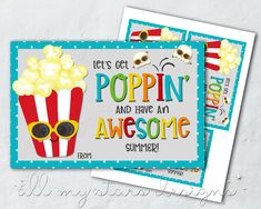 two cards with popcorn and sunglasses on them