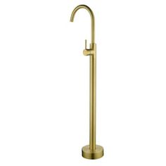 an image of a gold bathroom sink faucet with the handle on it's side