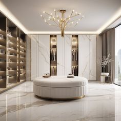 an elegant walk - in closet with marble floors and white walls, lighted by chandelier