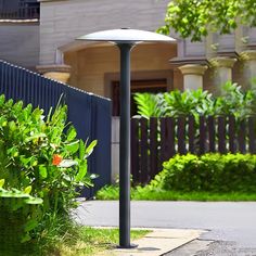 a lamp post in the middle of a sidewalk next to some bushes and trees with a house in the background