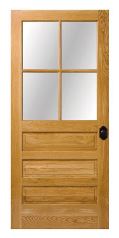 a wooden door with three panes and mirrors on the front side glass paneling