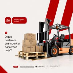 a forklift with boxes on the pallet in front of red and white background