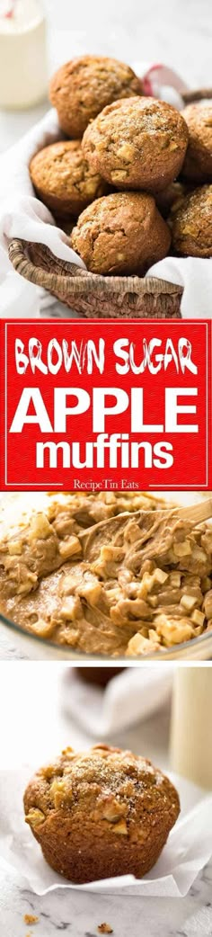 brown sugar apple muffins are stacked on top of each other with the title above them