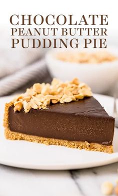 a piece of chocolate peanut butter pudding pie on a white plate