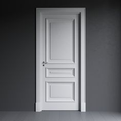 an open door in a dark room with white tile flooring and gray wall paint