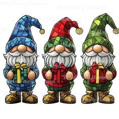 three gnomes with presents in their hands