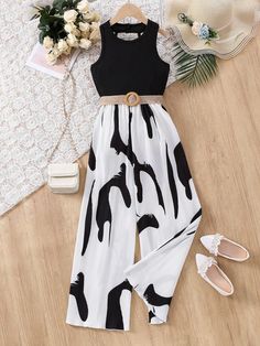 Black Casual Collar Sleeveless Cotton Colorblock,Graphic,All Over Print Wide Leg Embellished Slight Stretch  Tween Girls Clothing Stylish Outfits Korean, Modern Princess Outfits, Cute Outfits With Shorts, Vacation Outfits Women, Clothes For Girls, Stylish Work Attire