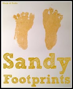 a poster with two footprints and the words sandy footprints written in yellow on white paper