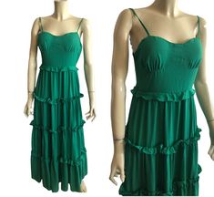 "Vintage romantic polyester maxi dress with frills . Size fits like M / mannequin is S for reference / Length 125 cm / 49\", waist 76 cm / 29,9\", chest 96 cm / 37,7\" . Very good condition" Chiffon Sundress With Ruffles, Green Ruffled Floor-length Maxi Dress, Green Floor-length Maxi Dress With Ruffles, Green Spring Maxi Dress With Ruffled Straps, Green Maxi Dress With Ruffled Straps For Spring, Green Maxi Dress With Ruffled Straps For Summer, Green Sundress Maxi Dress With Ruffle Hem, Summer Vintage Maxi Dress With Ruffles, Green Maxi Dress With Ruffled Hem And Straps