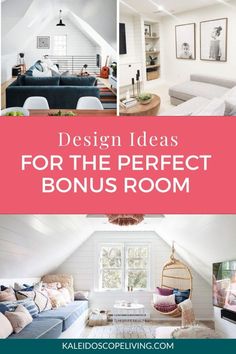 four photos with the words design ideas for the perfect bouns room in pink and white