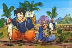 an image of two people holding plants in their hands while sitting on the ground next to each other