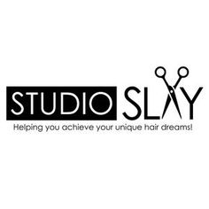 studio slay logo with scissors in the middle and text that reads, helping you achieve your unique hair dreams