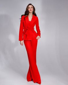 Fabric: Crepe Composition: cotton 65%, polyester 35% Included: jacket, corseted crop top, wide-leg pants and belt Wide-notched lapels High-rise pants Pants length (inseam): 95cm/ 37.5in Color: Black, white, red, camel Belt Wide, Red Belt, High Rise Pants, 3 Piece Suits, White Blazer, Red Top, Pants Length, White Pants, Palazzo Pants