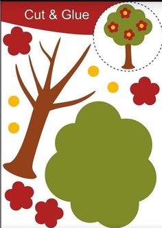 the cut and glue tree is shown in red, green, yellow and orange colors