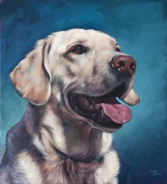 a painting of a dog with its tongue out and it's eyes closed, sitting in front of a blue background