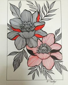 a drawing of flowers with red and grey leaves