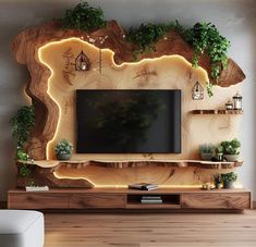 a living room with a large wooden wall mounted on it's side and plants growing out of the shelves