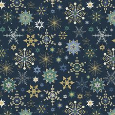 snowflakes on a dark blue background with gold and silver stars in the middle