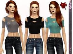 three female avatars wearing different colored tops and jeans, one with cutouts on her chest