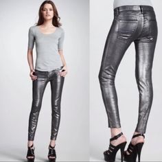 Current/Elliott The Stiletto Silver Coated Foil Jeans....Size 29. Forge A New Style Alloy With These Metallic Current/Elliott Jeans. The Stiletto Cut Is Designed To Showcase Statement Sandals And Pumps. The Stiletto Cut In Silver Coated Foil Denim With Leather-Like Shine. Current/Elliott Signature Clean, Classic Five-Pocket Style. Button/Zip Fly; Belt Loops. Super Soft Lightweight Stretch Denim With Metallic Distressed Cracked Leather Look. Nwt Sleek Fitted Metallic Bottoms, Metallic Fitted Pants For Formal Occasions, Metallic Fitted Bottoms For Formal Occasions, Fitted Metallic Bottoms For Formal Events, Elegant Fitted Metallic Bottoms, Spring Fitted Metallic Pants, Foil Denim, Foil Jeans, Blue Velvet Pants