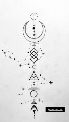 a black and white drawing of an abstract design with stars, moon and crescents