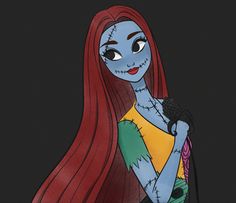 a cartoon character with long red hair and blue skin holding a black object in her hand