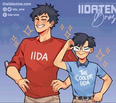 two people standing next to each other in front of a blue background with the words idatan boy on it