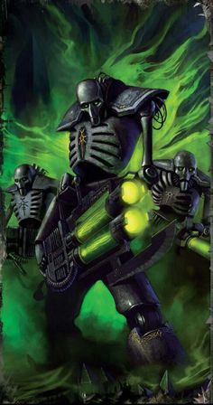 a painting of a robot holding a green light in his hand and two other robots behind him