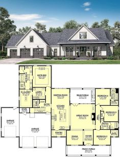 the floor plan for this modern farmhouse house is very large and has two master suites