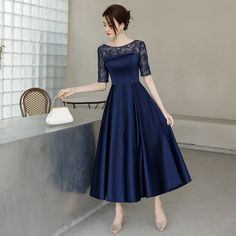 Navy Blue Tea Length Satin Short Sleeves Party Dress, Blue Wedding Par – BeautyDressy