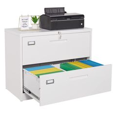 an office file cabinet with two drawers containing files and a printer on top of it