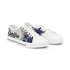 Step into Game Day Swagger with these exclusive custom-designed low-top sneakers, made for the die-hard Cowboys fan who doesn't just talk the talk, he walks it too. 🏈 These kicks don't just feature the iconic Dallas Cowboys star and skyline; they're built for comfort and style, so you're ready for anything, from repping your team at the stadium to the local bar. Key Features: - Design: Bold wraparound print featuring the Dallas Cowboys star, script, and skyline because subtlety isn't our thing. Dallas Cowboys Shoes, Cowboys Star, Dallas Cowboys Star, Cowboys Nfl, Bar Key, Dallas Skyline, Cowboy Shoes, Low Top Shoes, Shoes Custom