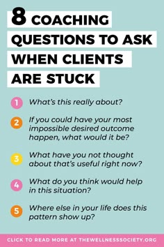 an info sheet with the words 8 coaching questions to ask when client are stuck on it