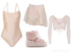 ballet clothes and shoes are arranged on a white background