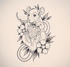 a drawing of a rat holding a heart in its paws and surrounded by flowers on a white background