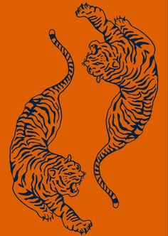 two tigers are playing with each other on an orange background