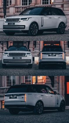 three different range rovers parked in front of a building at night and on the street