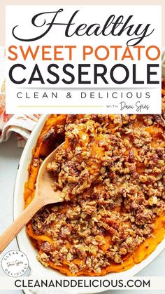 sweet potato casserole in a white dish with a wooden spoon and title overlay