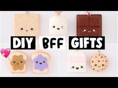 four different types of food are shown with the words diy bff gifts on them