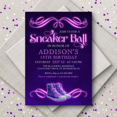 an image of a birthday party with purple shoes on the front and side of it