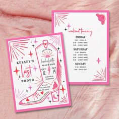 a pink and white wedding card with an image of a cowboy boot on the inside