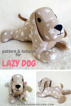 a stuffed dog laying on top of a white carpet next to the words lazy dog