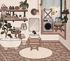 an illustration of a bathroom with plants and other things in the room, including a washing machine