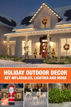 a house decorated for christmas with lights and reindeers in the front yard, and an orange sign that says holiday outdoor decor get inflables, lighting and more