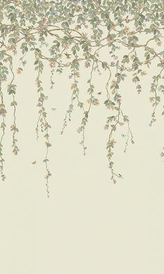 an artistic painting of vines and flowers on a white wall with light green leaves hanging from the branches