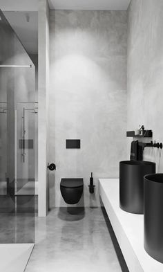 a bathroom with two black sinks and a toilet