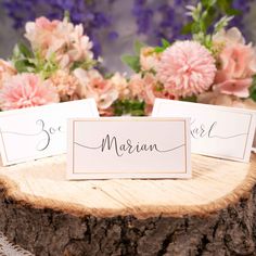 two place cards sitting on top of a tree stump